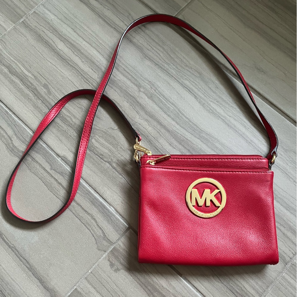 Michael Kors Red Crossbody Purse with Gold Accents